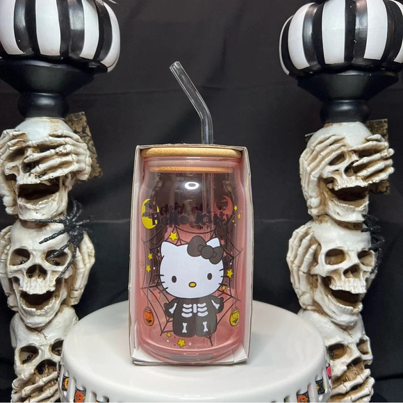 Sanrio Hello Kitty Pink Halloween Skeleton Spiderweb Glass Tumbler w/Bamboo Lid - Picture 1 of 10
